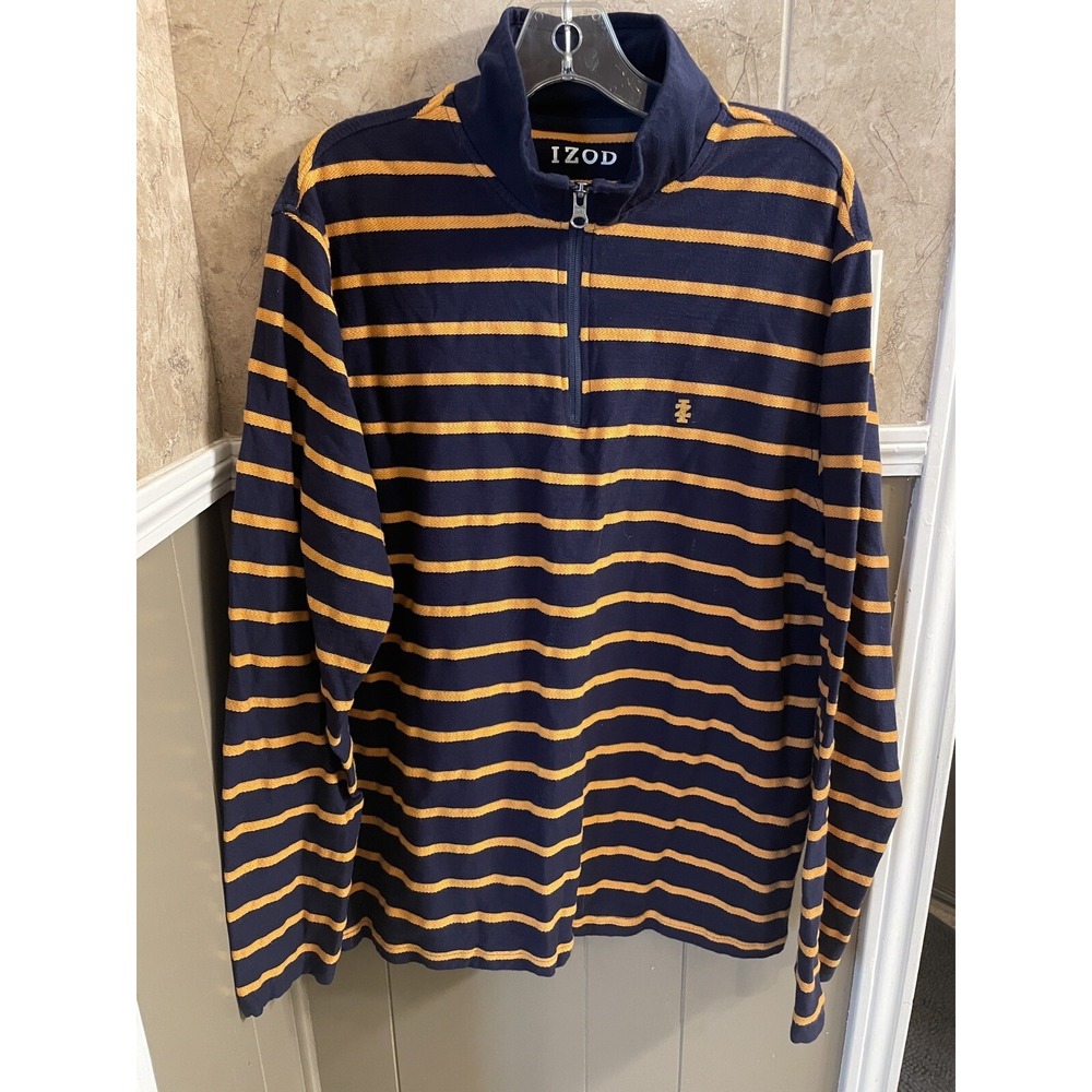 Izod Men's Pullover 1/4 Zip Navy With Yellow Stripes Size Large